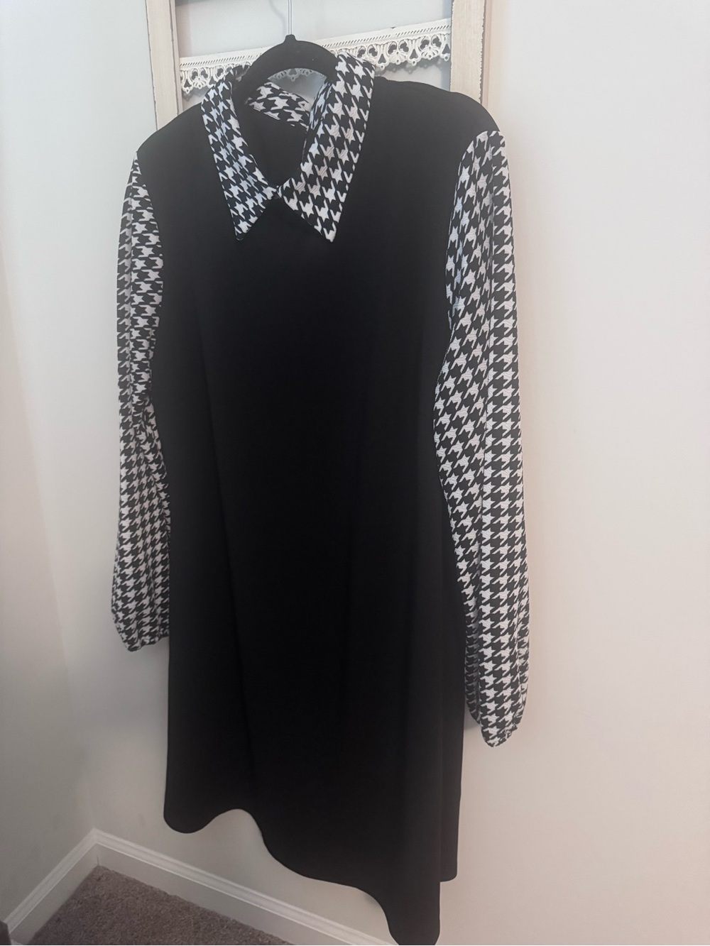 Black Dress with Houndstooth Sleeves and Collar